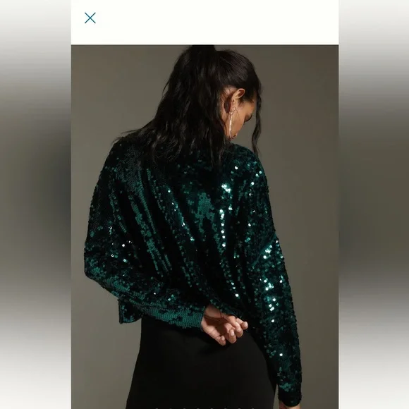 Anthropologie Alani Cashmere Mock Neck Sweater Sequin Ed EMERALD GREEN Sz XL NWT - Picture 6 of 14